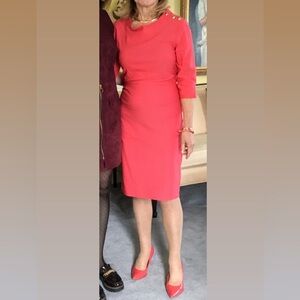 Sara Campbell Knee length sheath dress with mock neck and gold button details